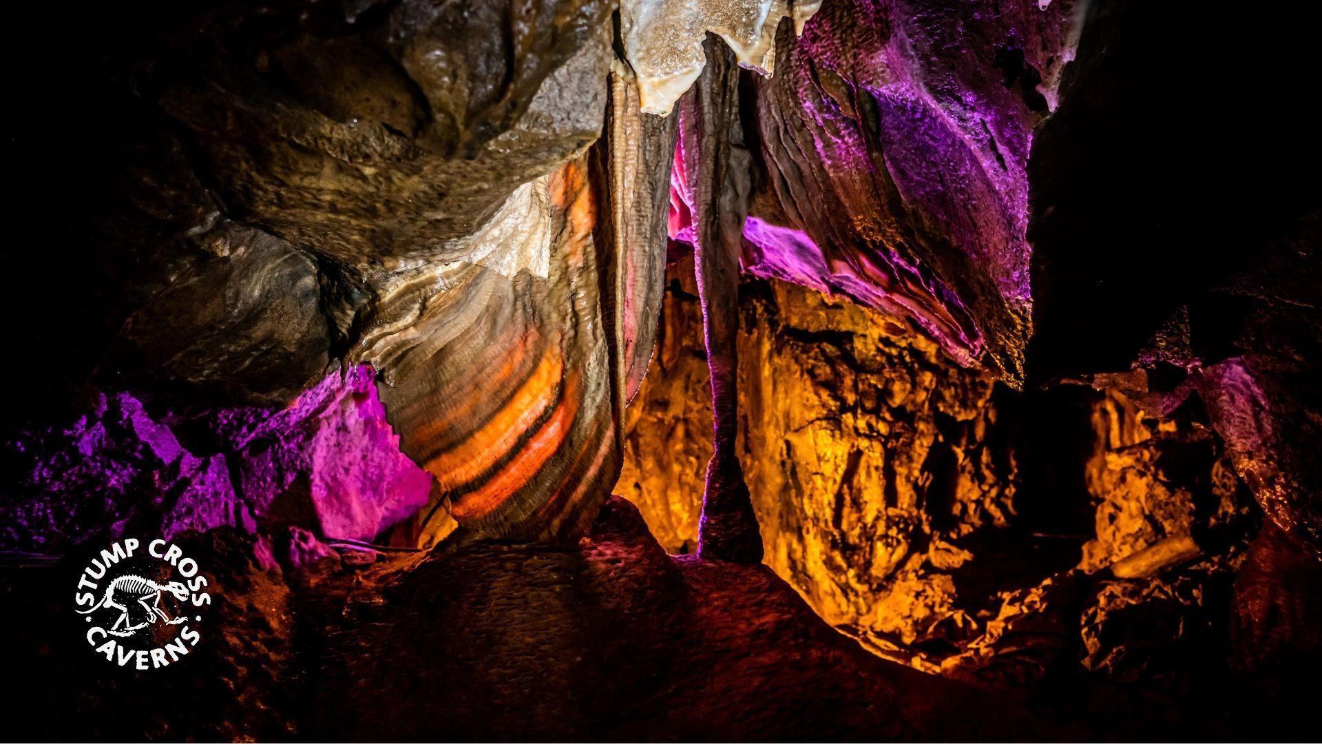 Colorful cave formations illuminated with purple and orange lights.