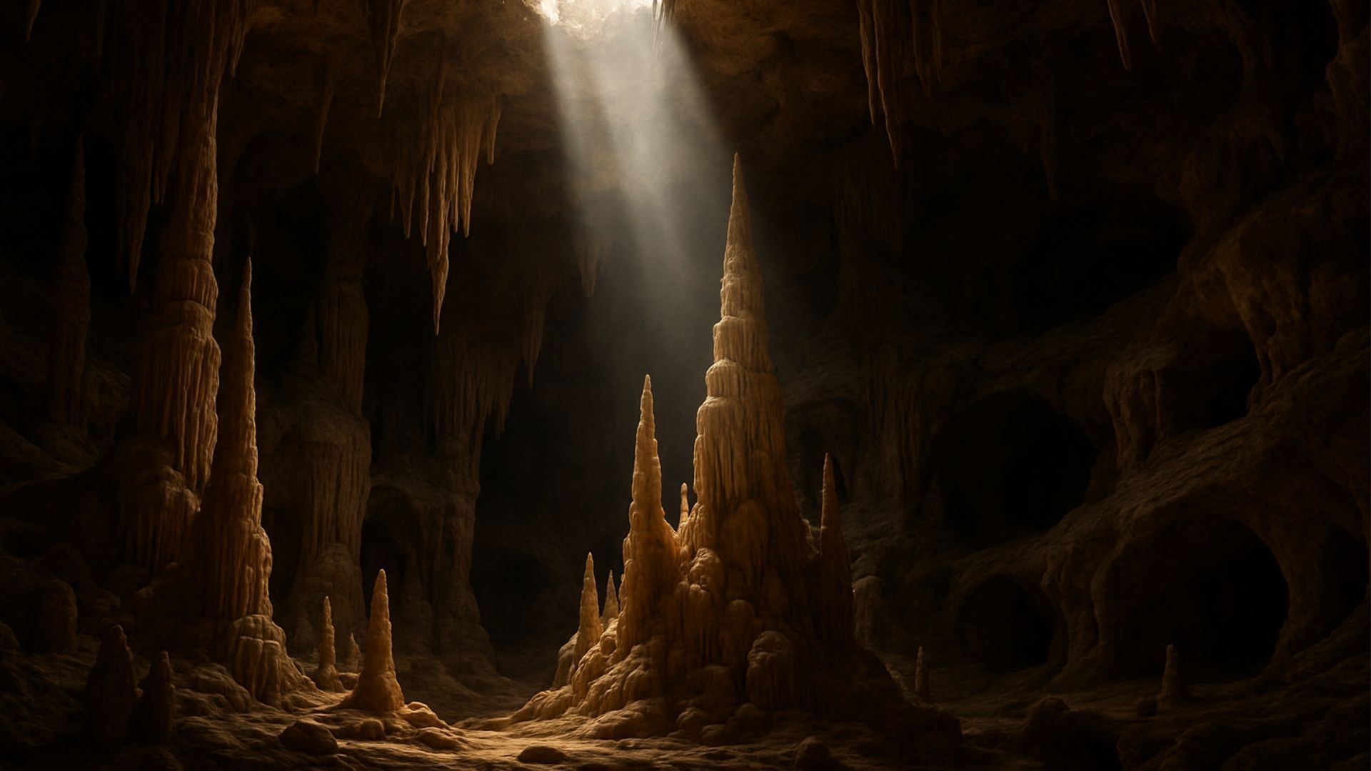 Cave interior with stalactites and stalagmites, lit by a shaft of sunlight.