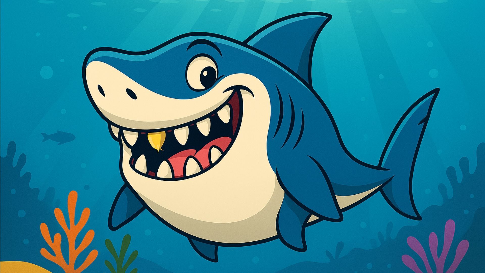 Smiling cartoon shark swimming in blue water near coral.