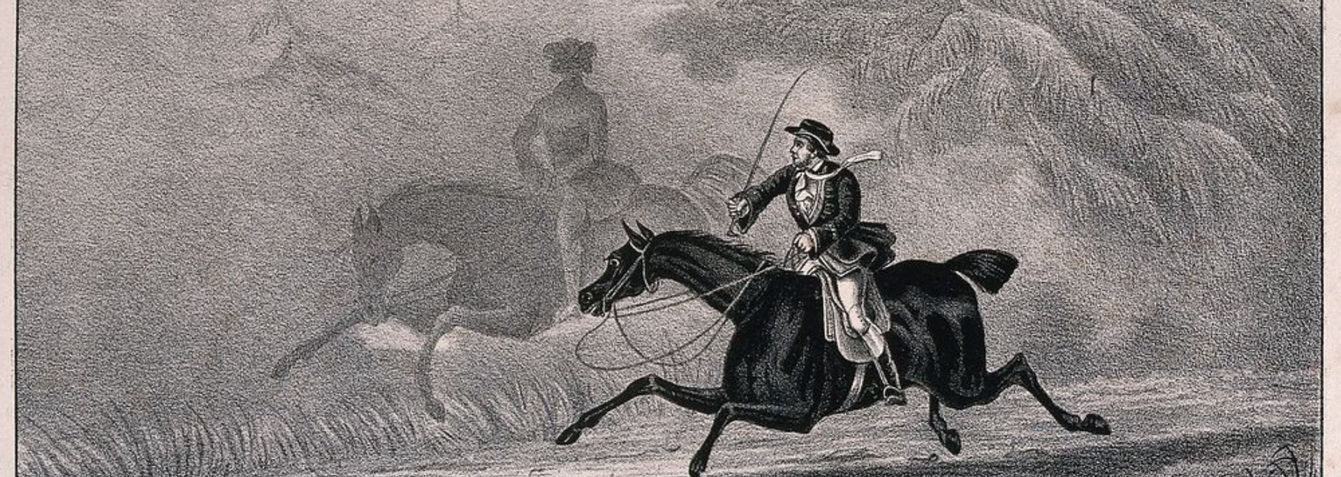 Man on horseback, galloping across a field, another rider visible in the background. Black and white illustration.