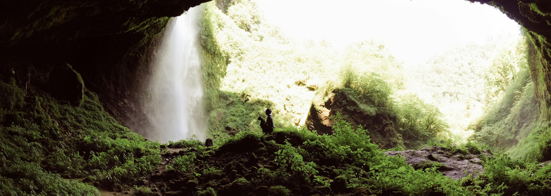 Waterfall cascading into a lush, green cavern. Sunlight streams through the opening, illuminating the foliage.