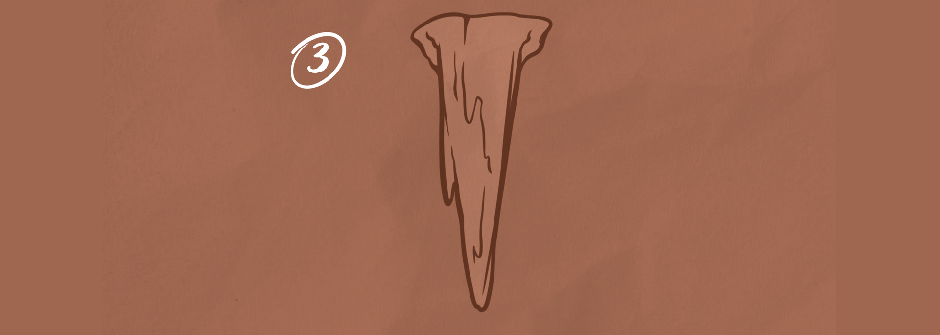 A drawing of an icicle dripping on a brown background, with a white circle and number 