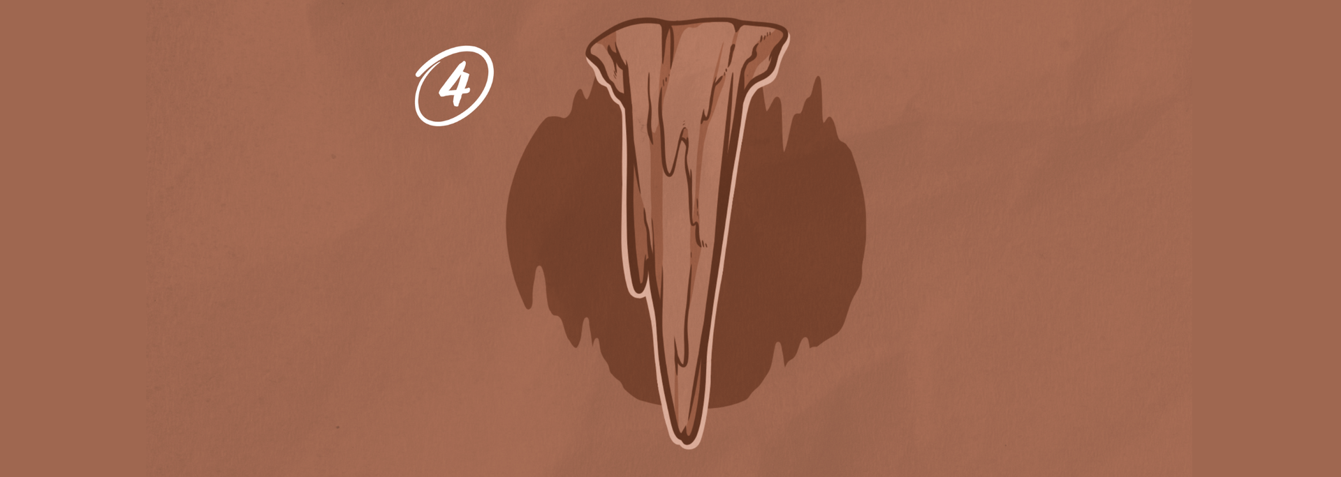 Illustration of an icicle-shaped object with the number four in a circle above it, on a brown background.