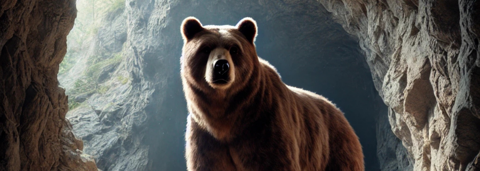 A brown bear with an open mouth stands inside a cave with light shining in from above.