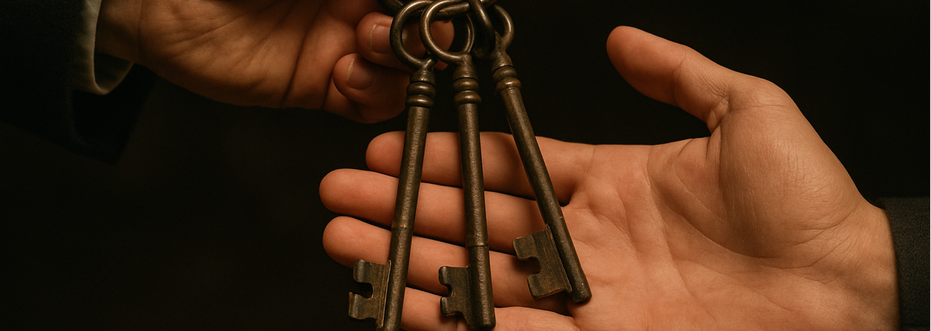 Hands holding three antique keys against a dark background.