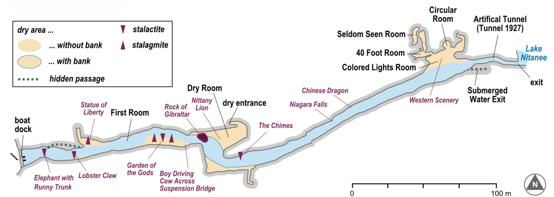 A cave map showing chambers, passageways, and features like a submerged waterfall and artificial tunnel.