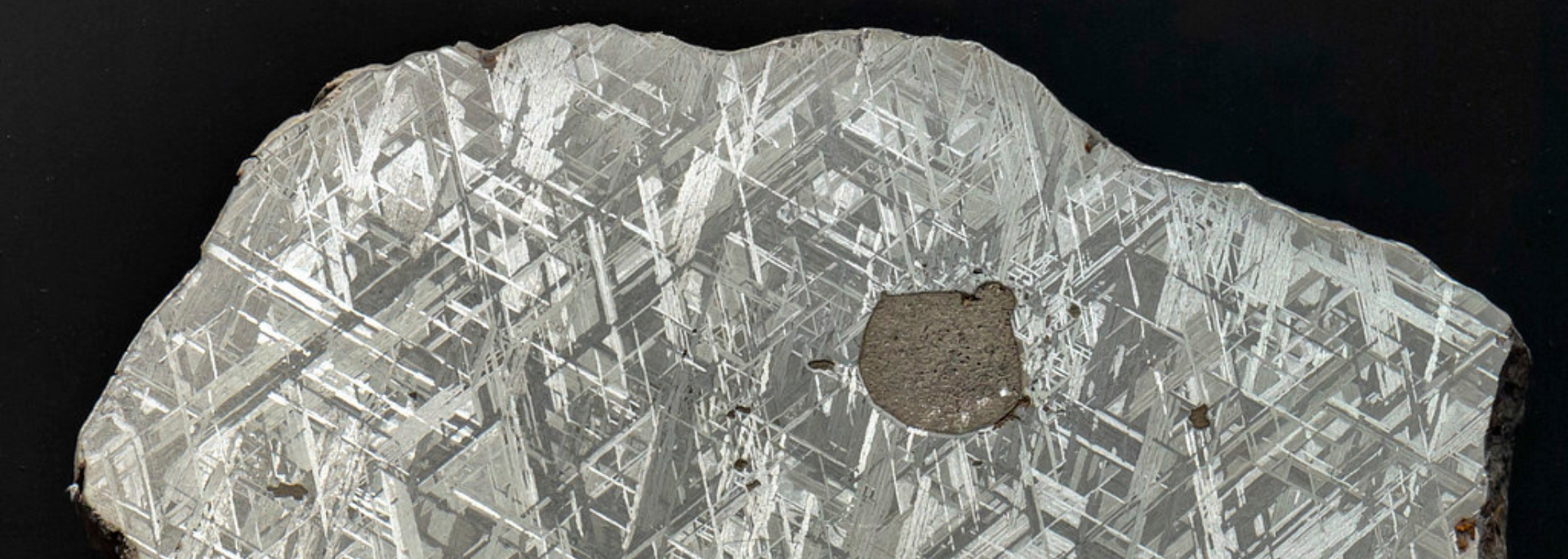 A slice of iron meteorite displaying Widmanstätten patterns, with a dark, irregularly shaped inclusion.