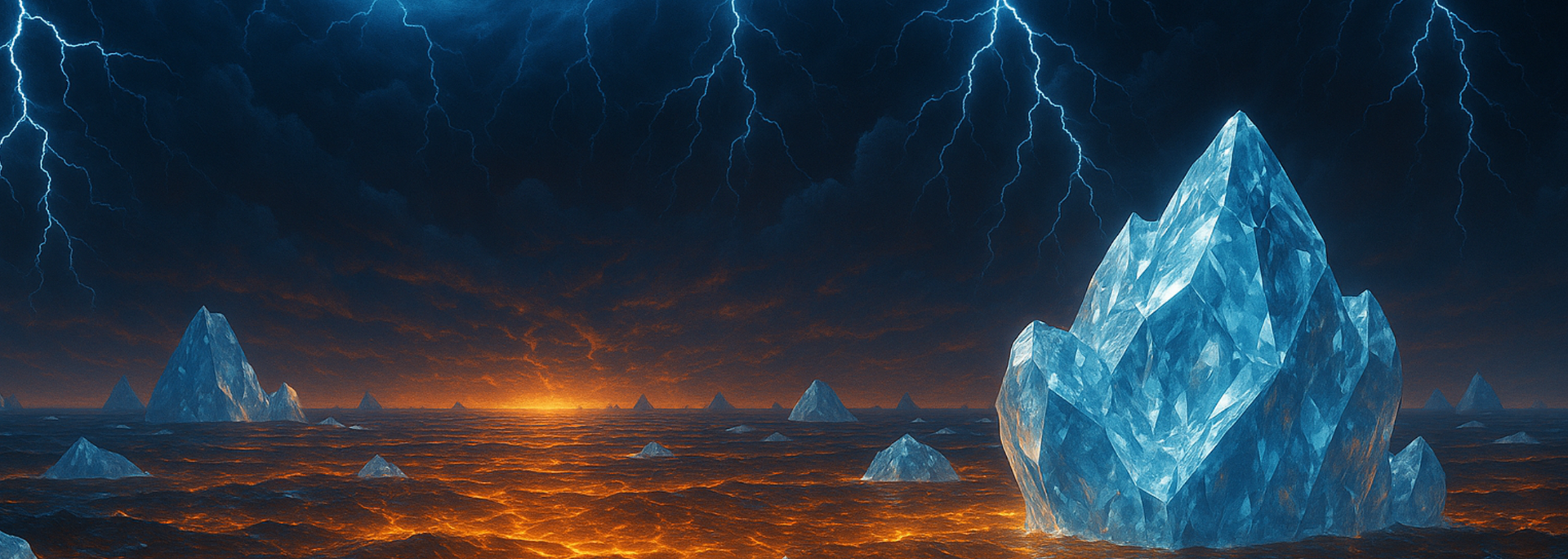Blue ice formations amidst an orange landscape under a stormy sky with lightning.