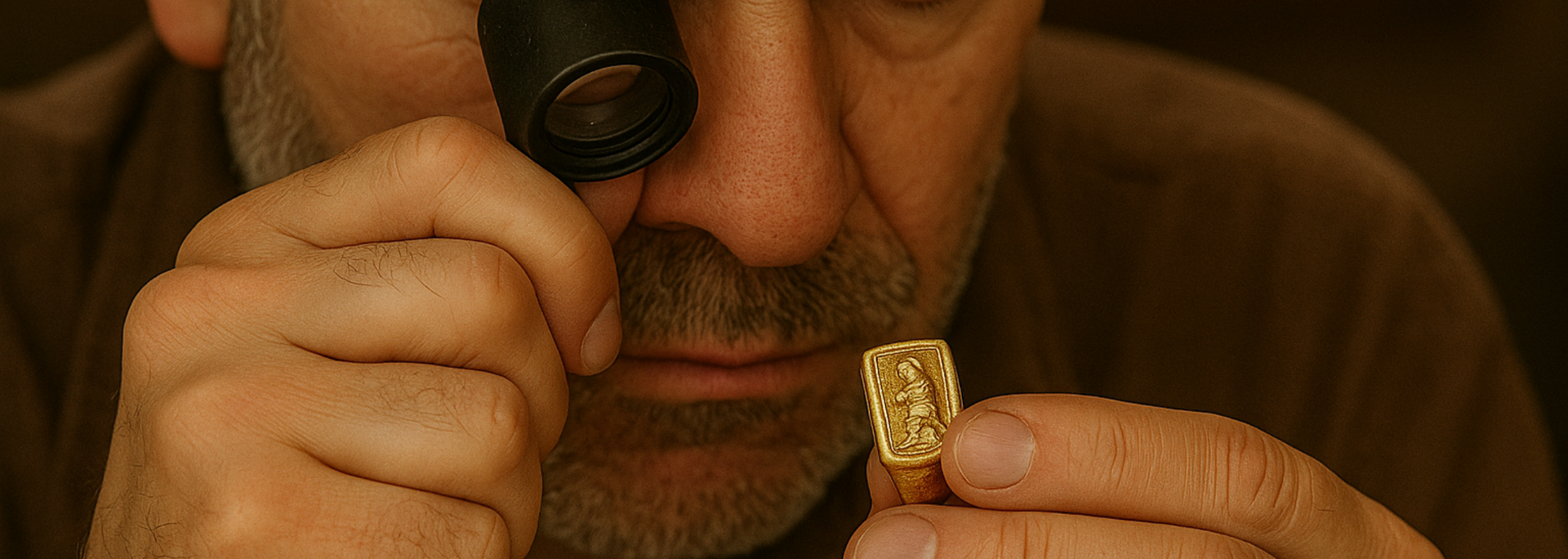A man examining a gold ring with a magnifying glass. He holds the ring with his fingers, inside a room.