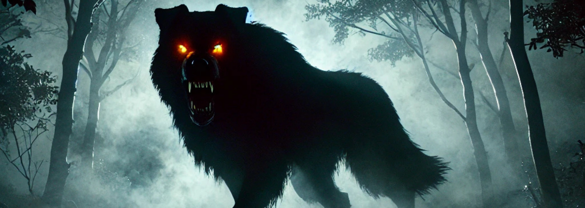 A menacing, black wolf with glowing orange eyes in a foggy forest.