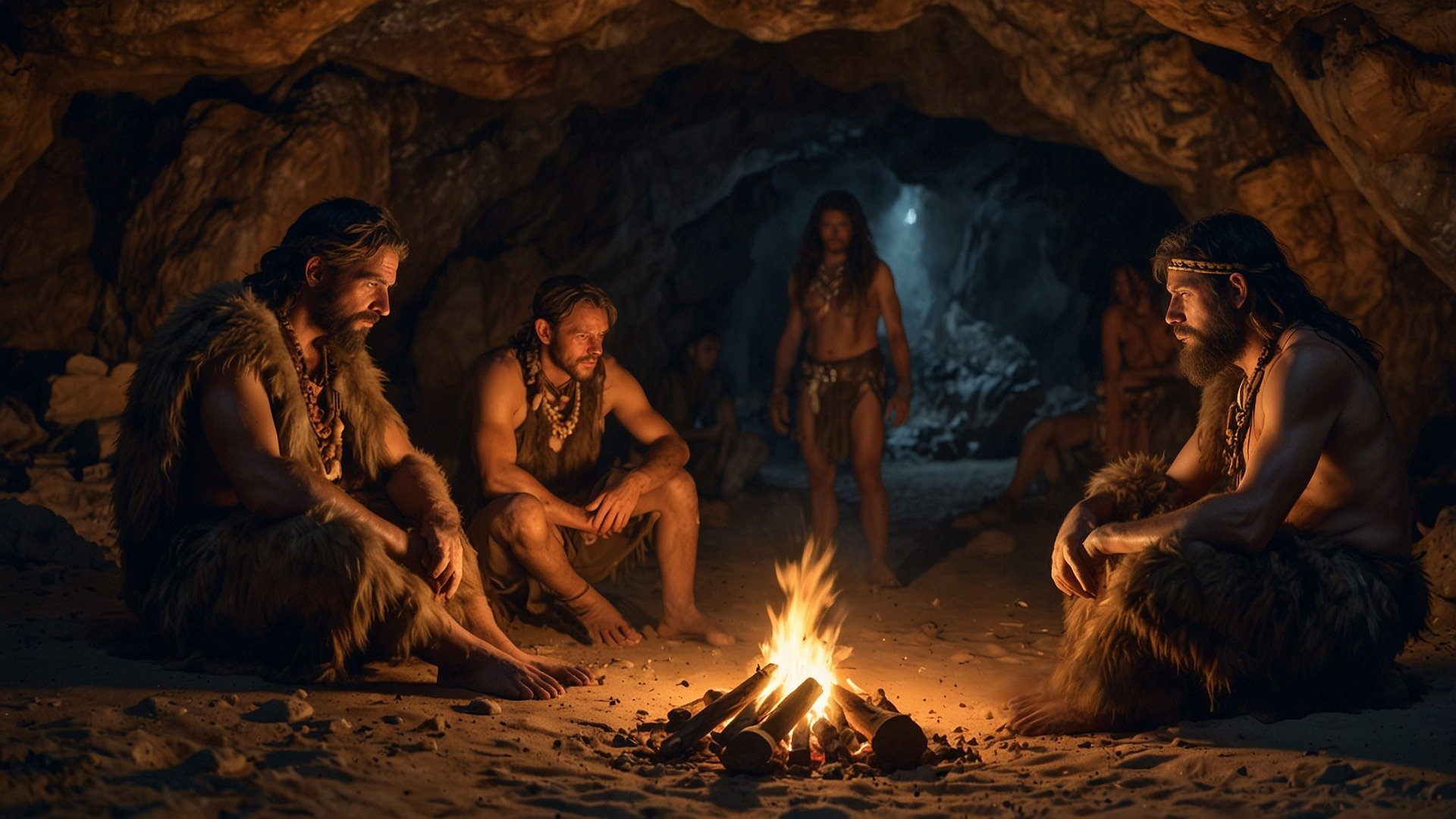 Four figures gather around a small fire in a cave; one stands, others sit; dimly lit.