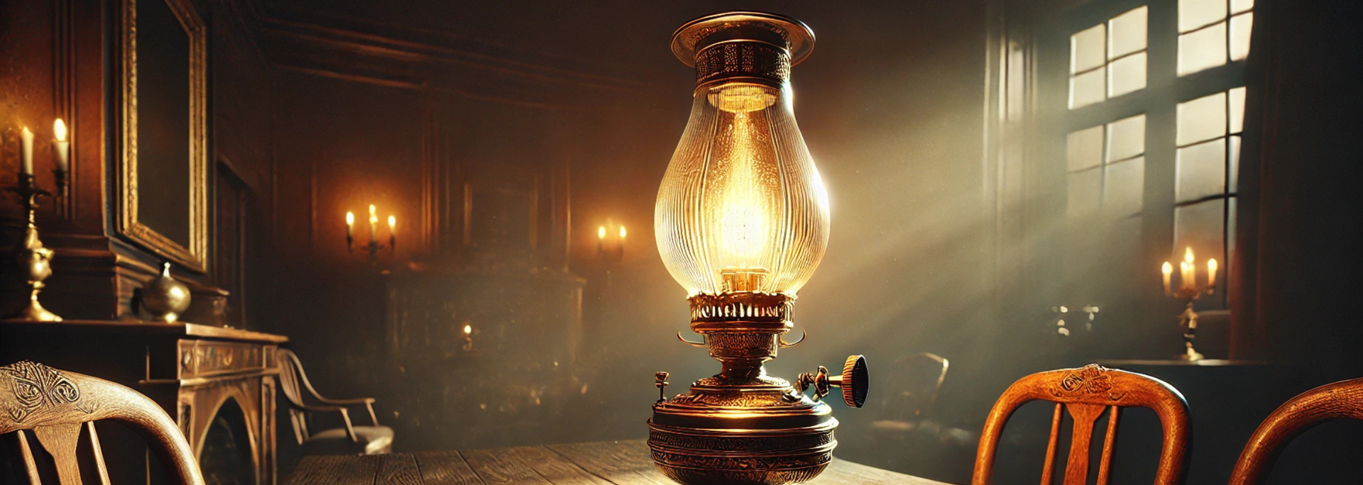 A lit oil lamp on a table, in a dimly lit room, with candles and a window in the background.