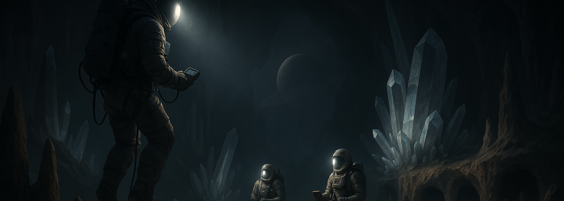 Astronauts explore a cavern lit by a headlamp, crystals and a distant planet.