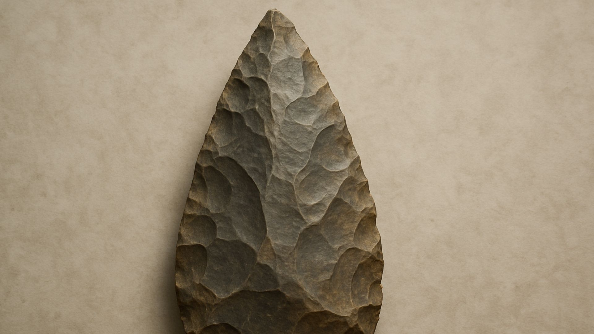 Gray, handcrafted stone arrowhead with a textured surface, set against a light background.
