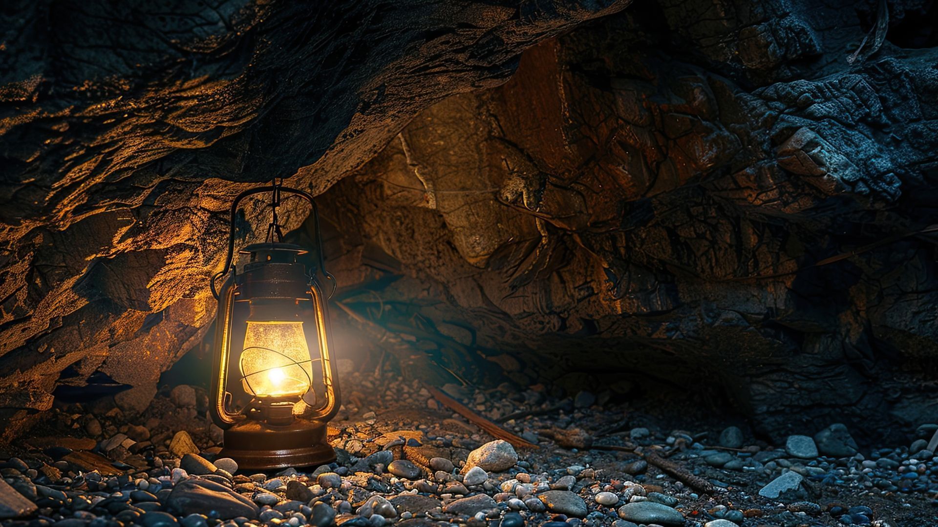 Lantern illuminates a dark, rocky cave interior.