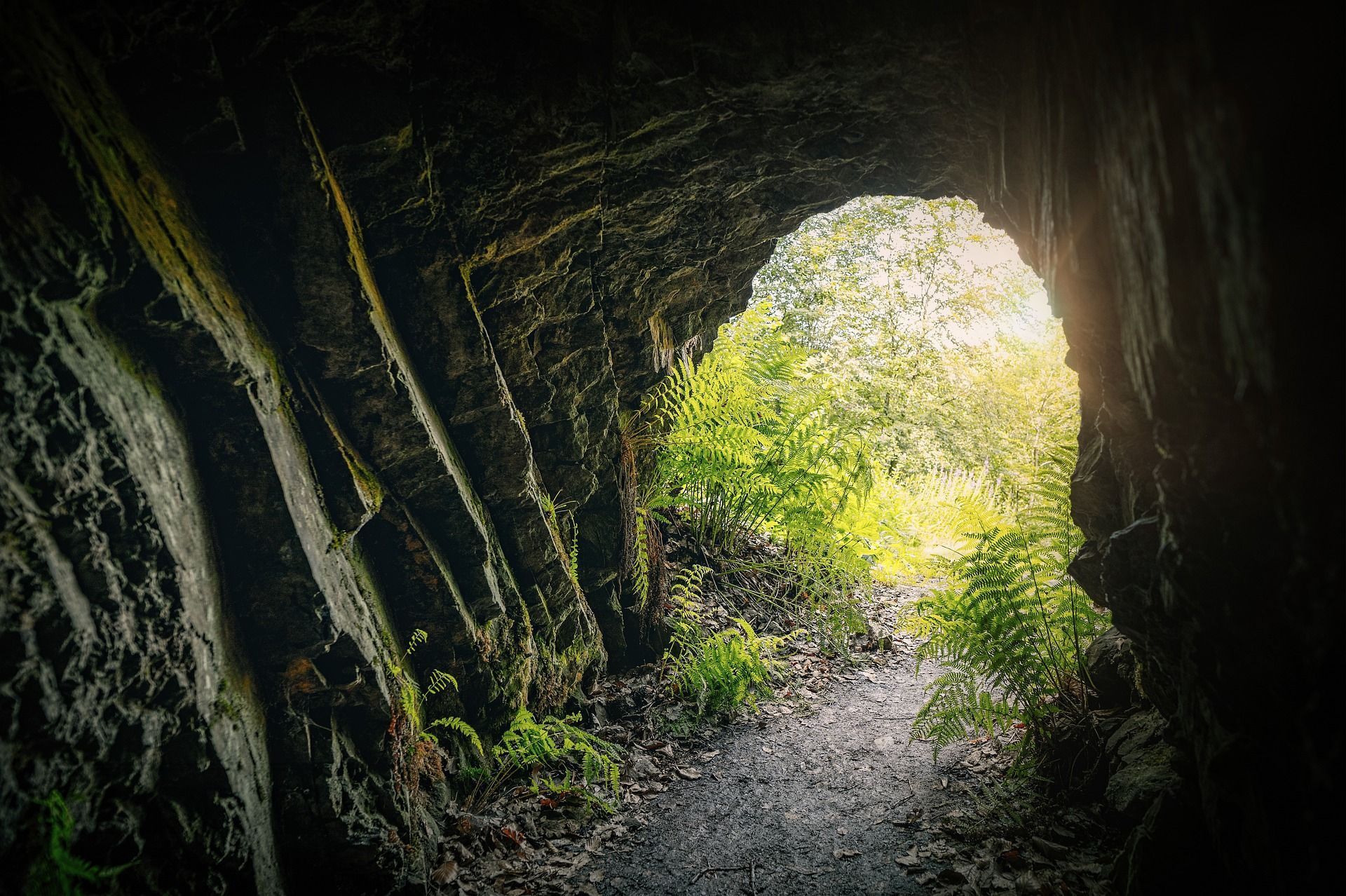 Cave entrance with bright light and green foliage at the opening.
