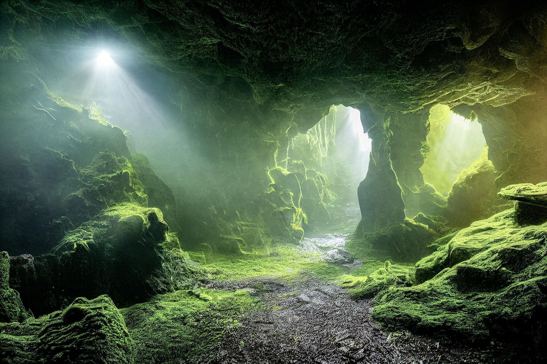 Moss-covered cave interior with sunlight streaming in, illuminating a path.