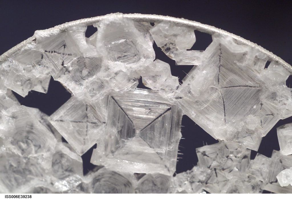 Close-up of salt crystals, mostly square, clustered in a circular container.