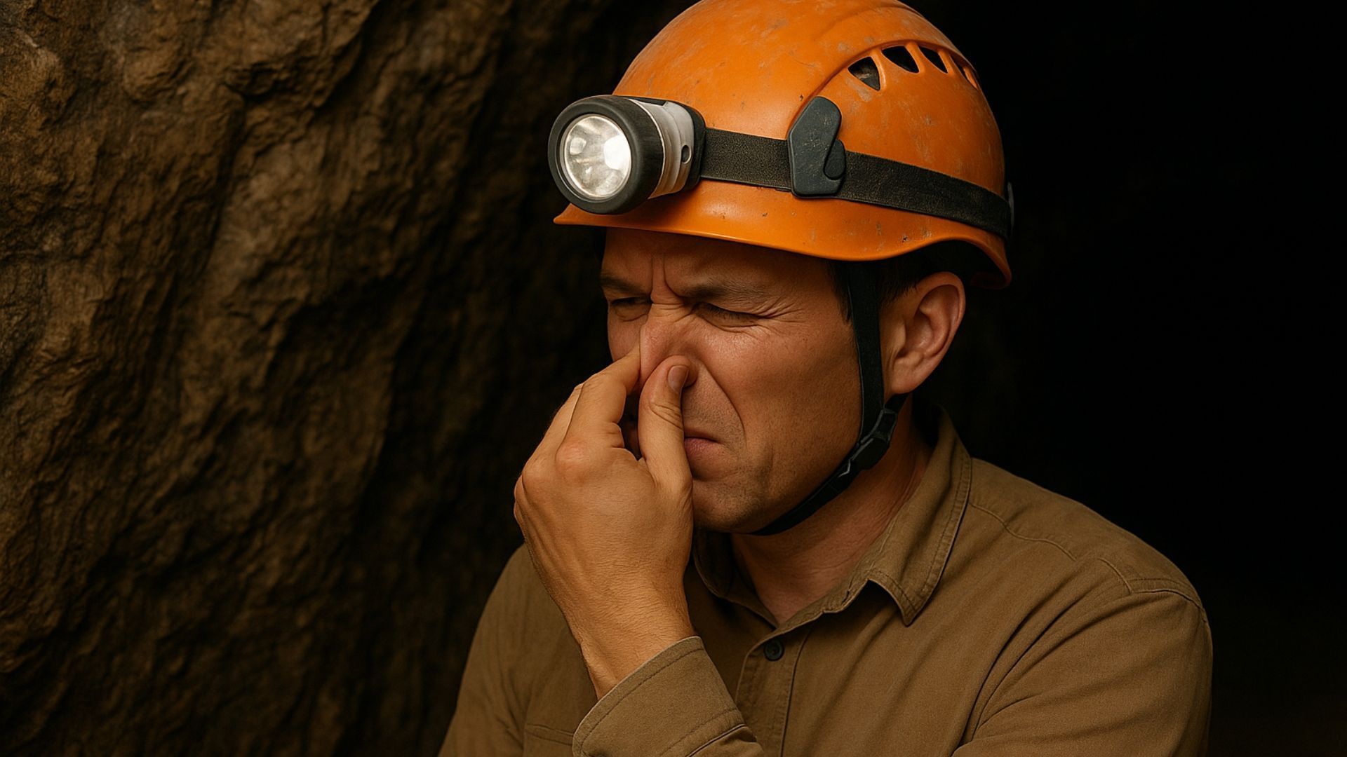Miner in orange helmet, holding nose, in dark cave.