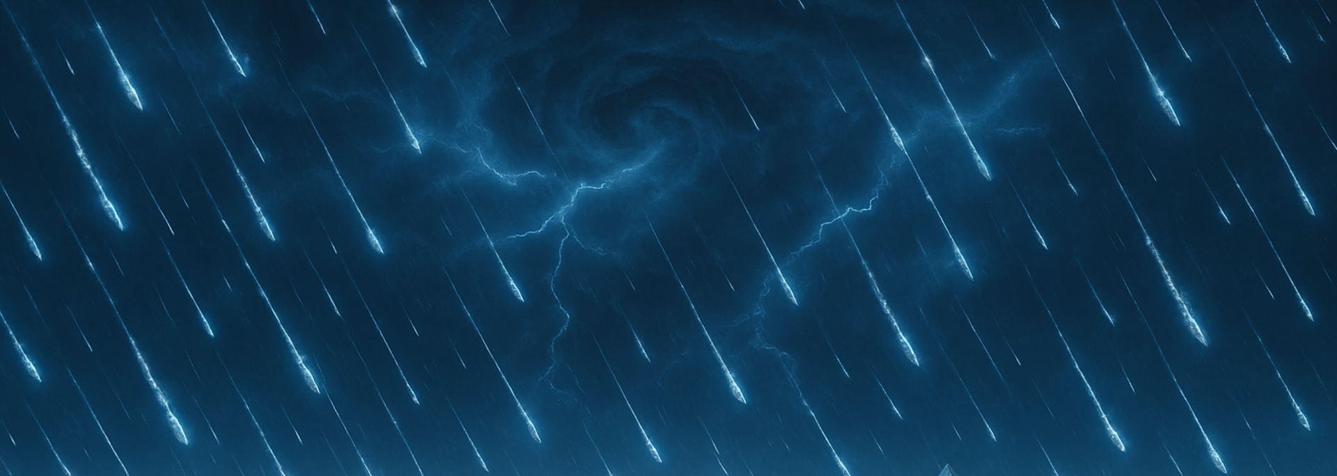 Blue-toned digital art depicts a stormy sky with glowing, diagonal streaks of light resembling meteors and lightning.