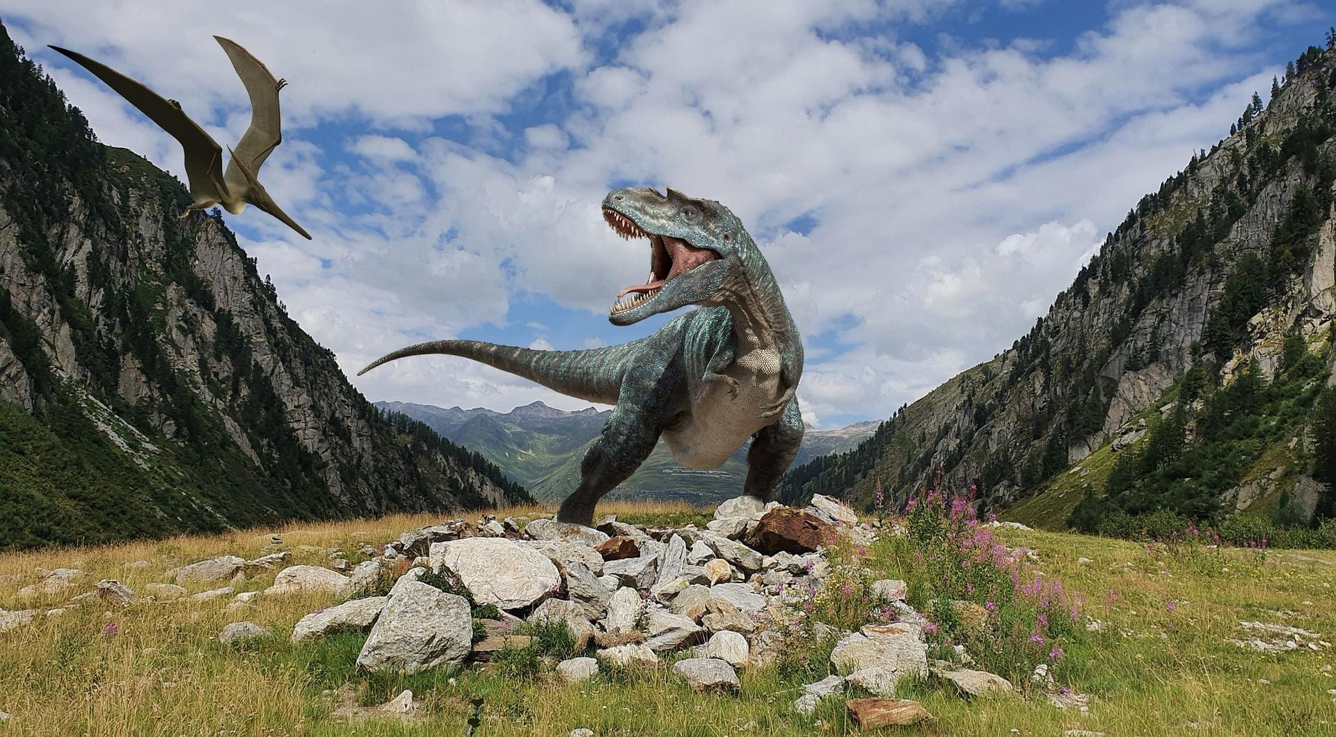 Tyrannosaurus rex roaring in a mountain valley, with a pterodactyl flying in the sky.