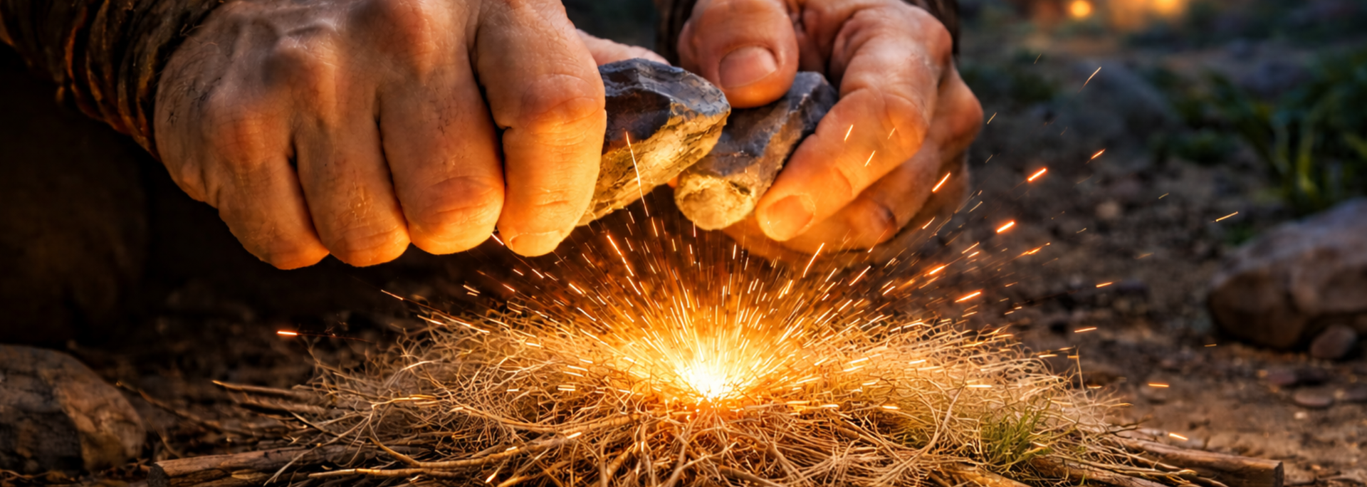 Hands striking flint to create sparks, starting a fire.