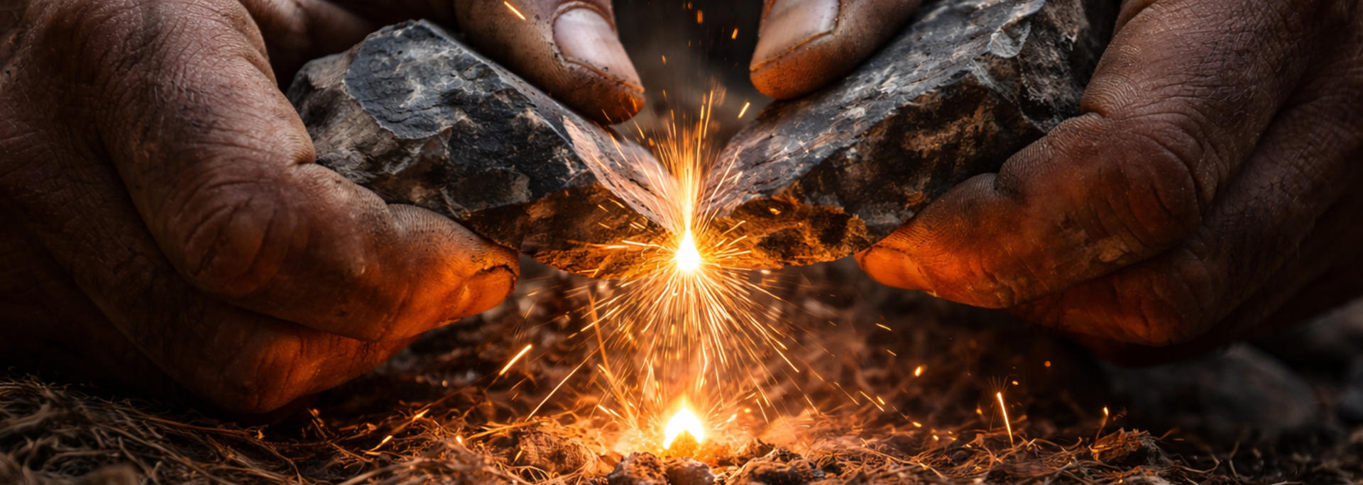 Close-up of hands striking rocks, creating sparks and fire, possibly for fire starting.