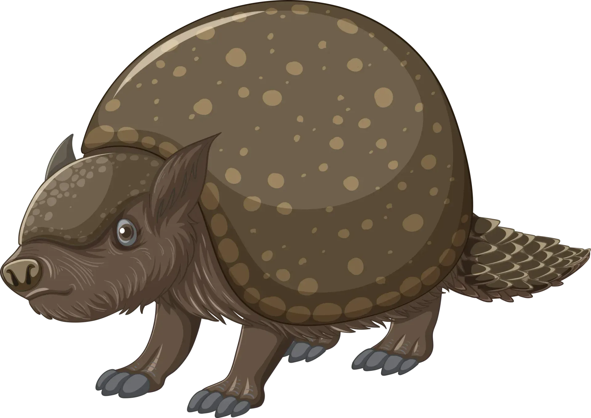 Armored mammal with brown shell and fur, walking forward.