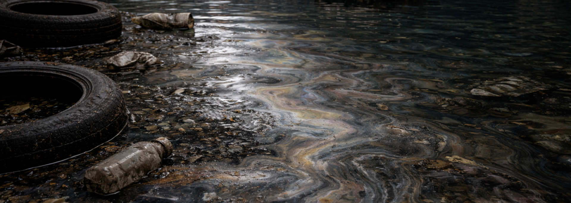 Tires and debris float in a polluted body of water with oil slicks, suggesting environmental damage.