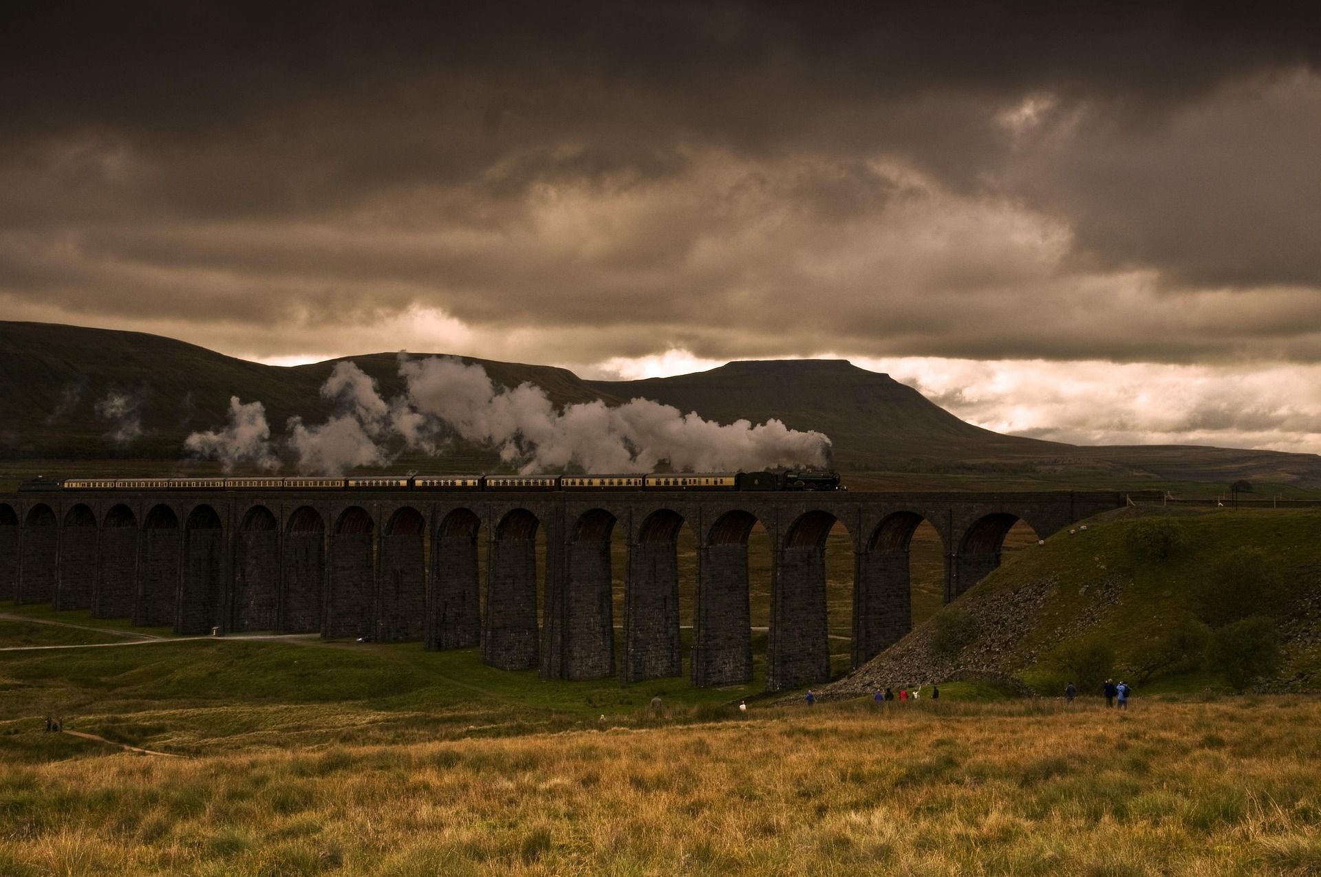 Steam train crossing stone viaduct in a rural landscape under a cloudy sky.