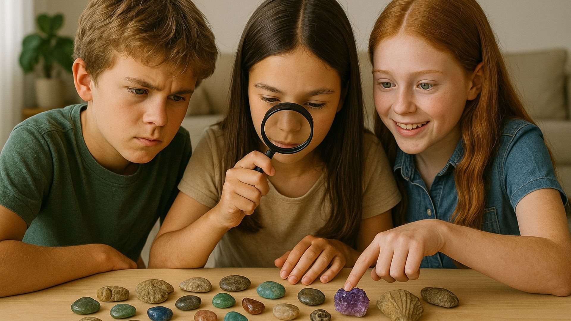 Three children examining rocks with a magnifying glass. Focus and curiosity are displayed.