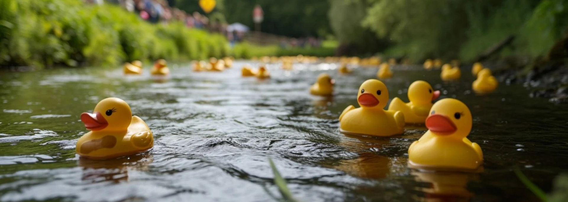 Rubber ducks in a stream, racing. Yellow ducks with orange beaks float on water, with greenery in the background.