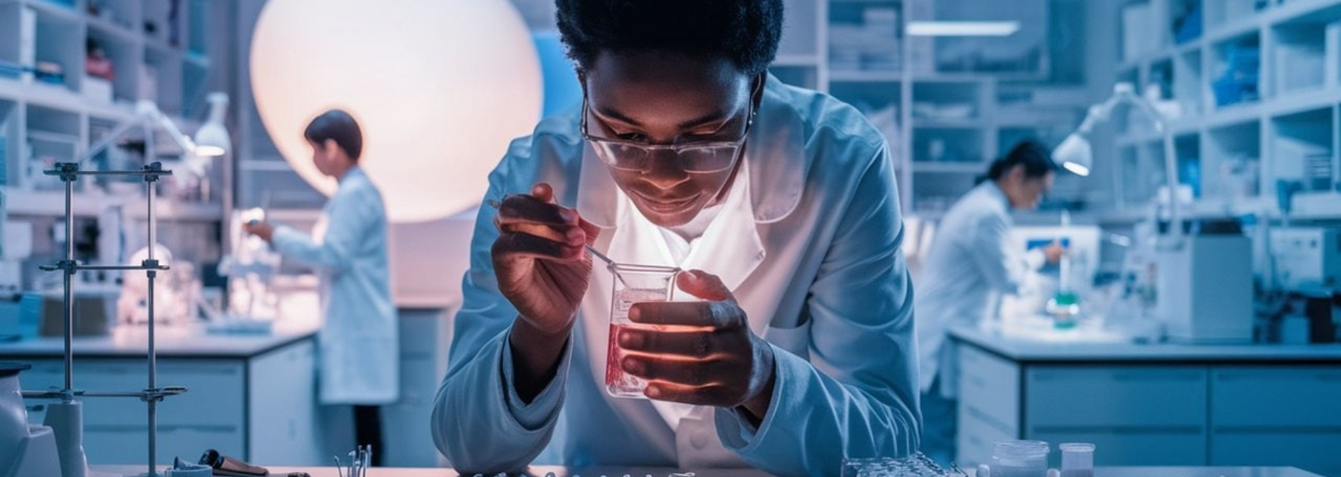 Scientist in a lab, wearing glasses, looks at a pink liquid in a beaker. Two other people are in the background, working.