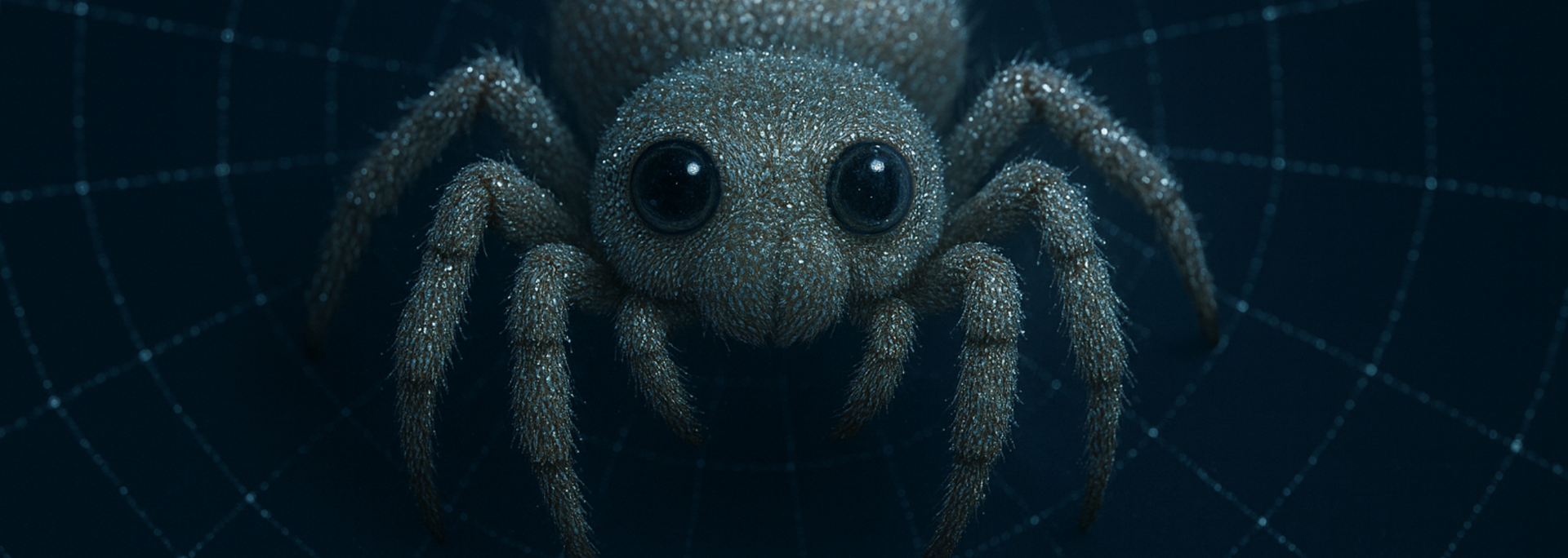 A sparkly spider with large, black eyes on a dark web.