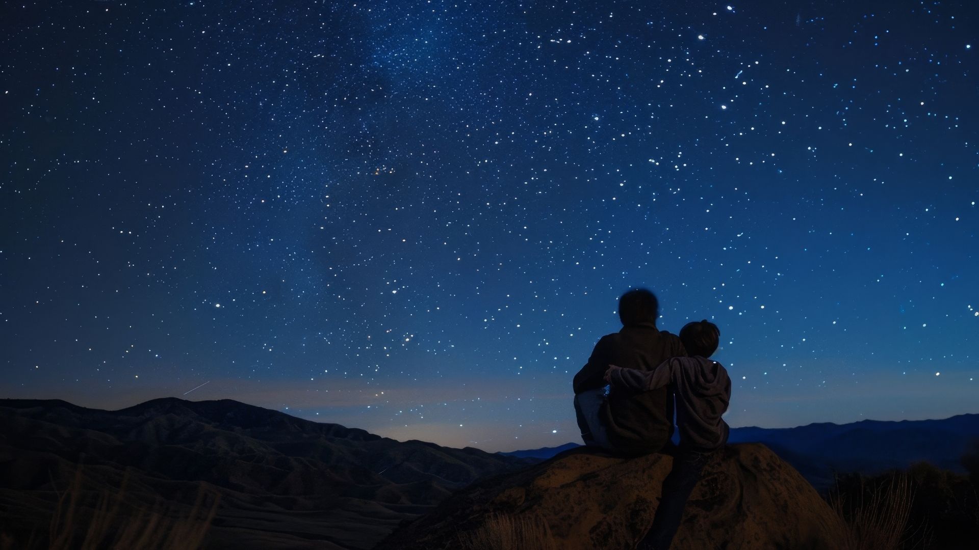 Two figures sit on a rock, silhouetted against a night sky filled with stars.