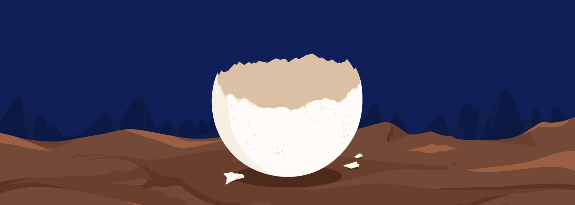 An eggshell broken on the ground. Brown dirt and a dark blue sky in the background.
