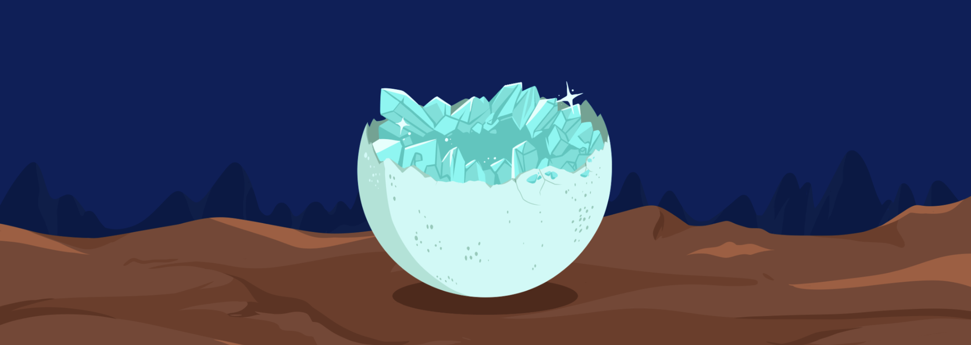 A cracked egg filled with sparkling blue crystals. The setting is a brown landscape against a dark blue background.