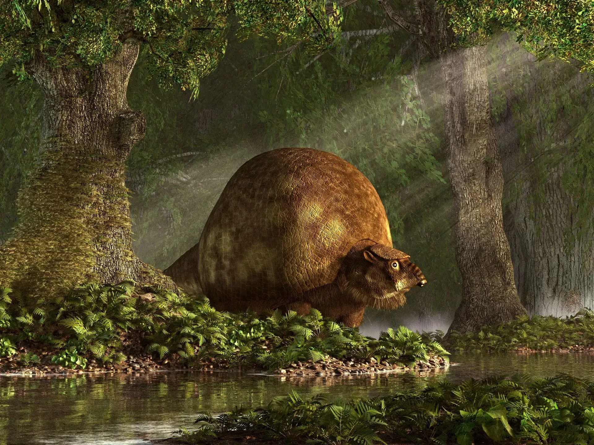 Large, brown, furry creature in a forest, standing near water with sunlight shining through trees.