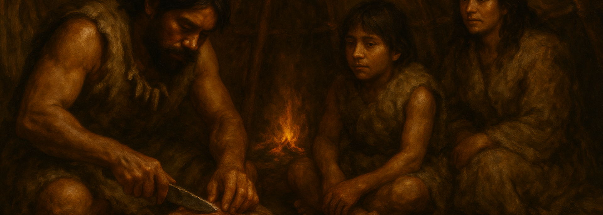 A family, illuminated by a small fire, in a cave. The man works, while the child and woman watch.