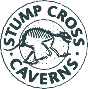 Stump Cross Caverns logo: a mammal skeleton in a circle, with 
