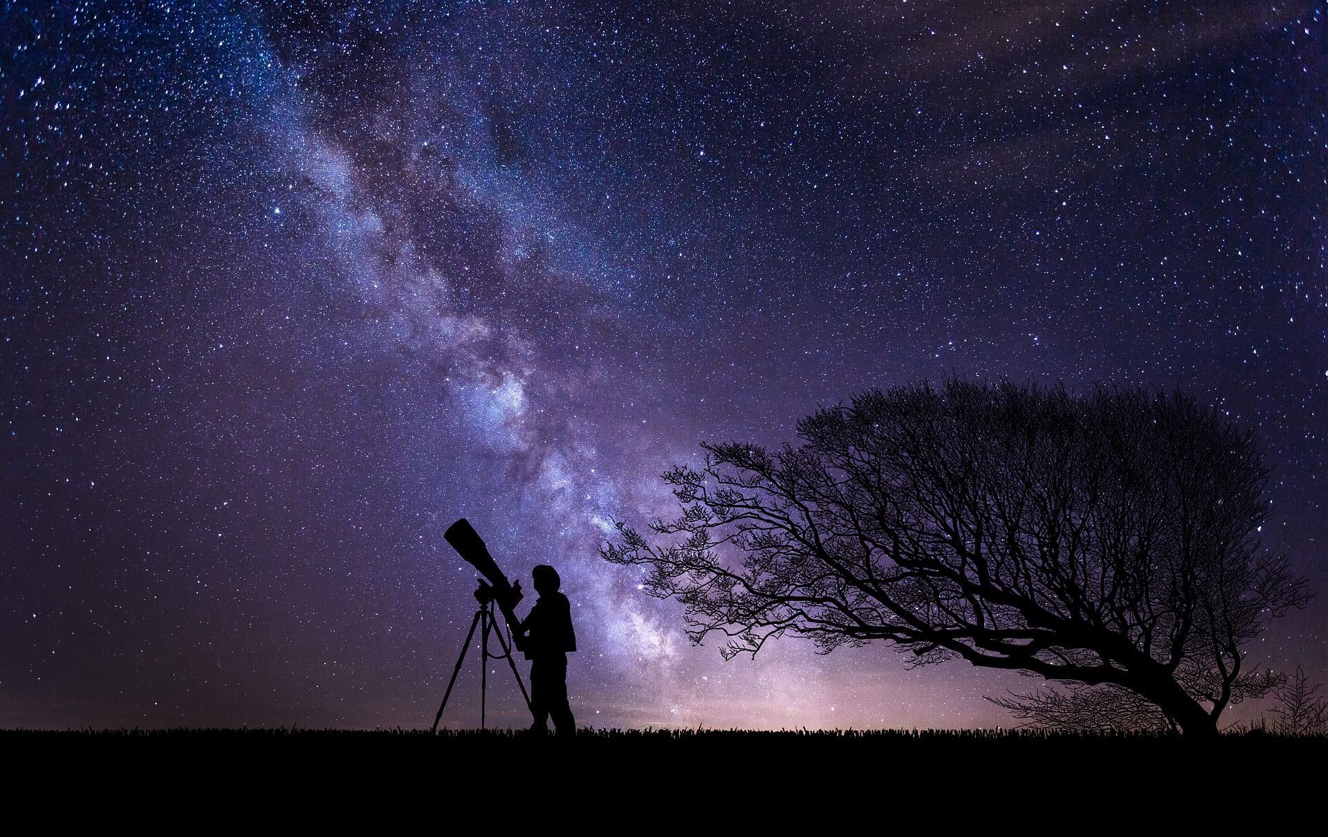 Person with telescope under starry night sky, looking up at the Milky Way. Tree silhouetted on right.