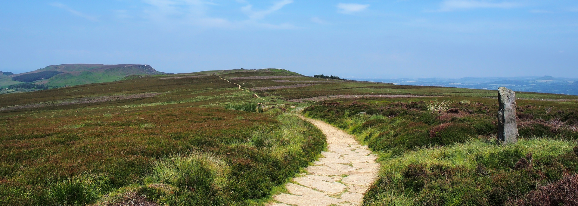 A winding path through a grassy moor with a distant hill under a blue sky.