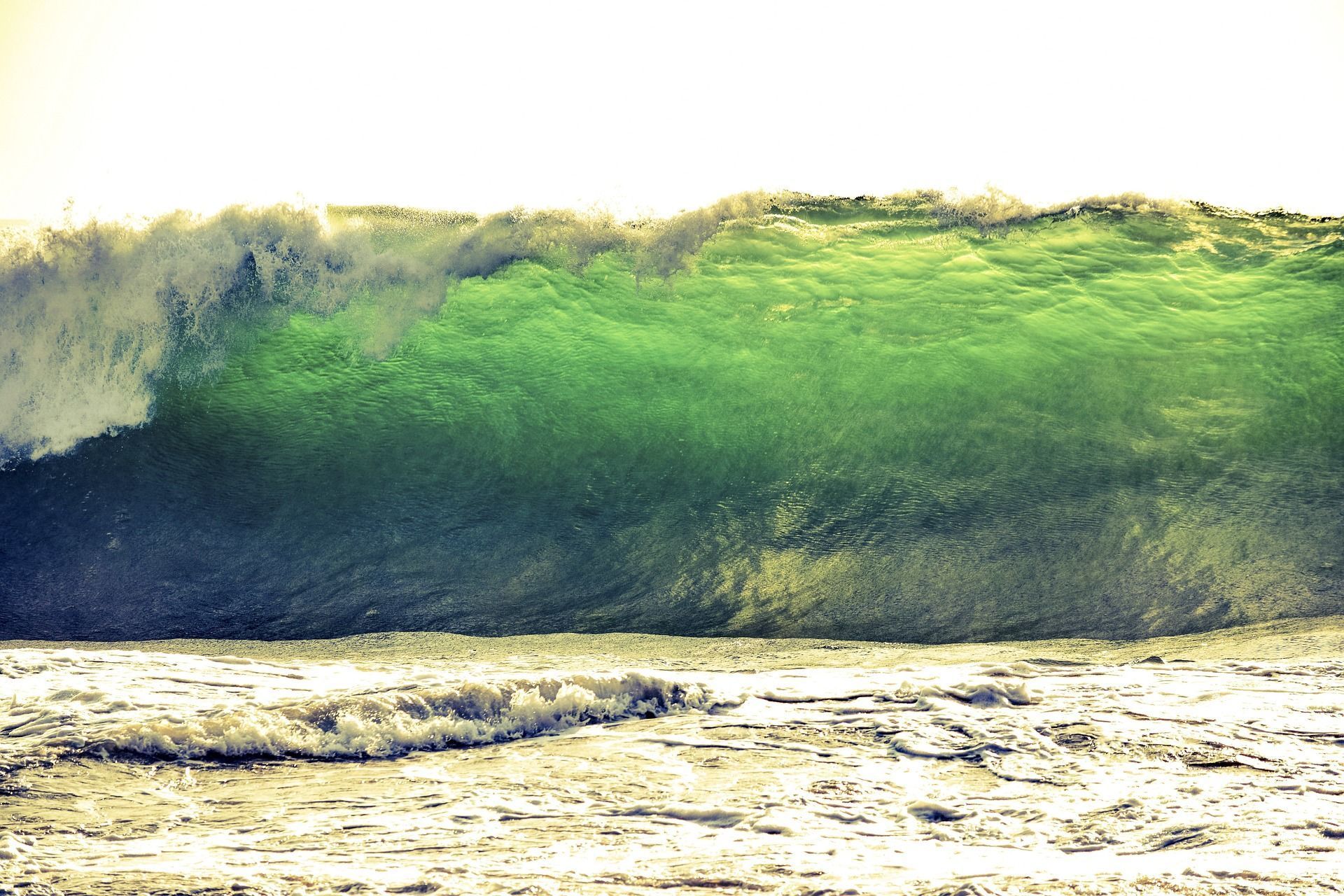A large, green ocean wave cresting, with white foam.