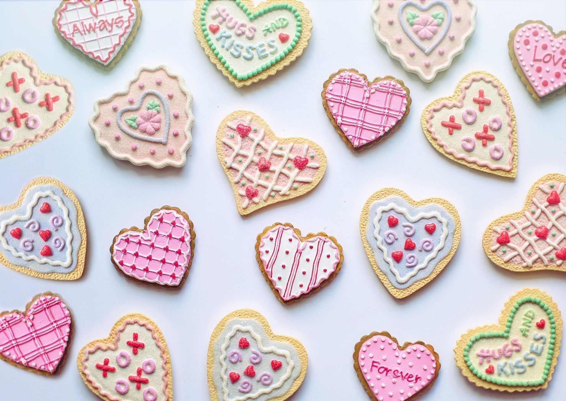 Valentine's Day sugar cookies on white background, various designs: 