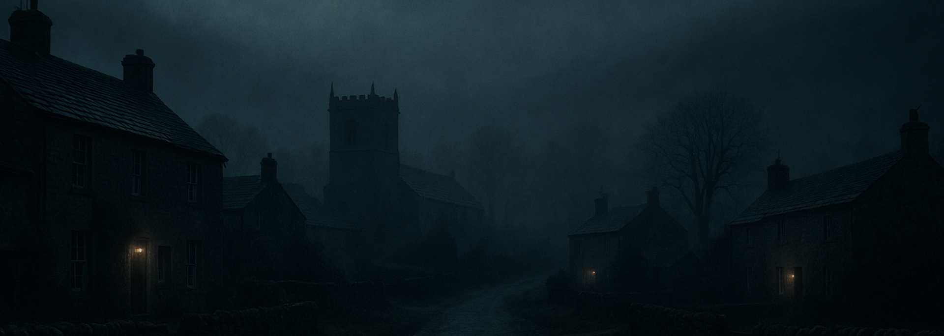 Dark, moody depiction of a town street. A church tower dominates the scene. Streetlights illuminate the path ahead.
