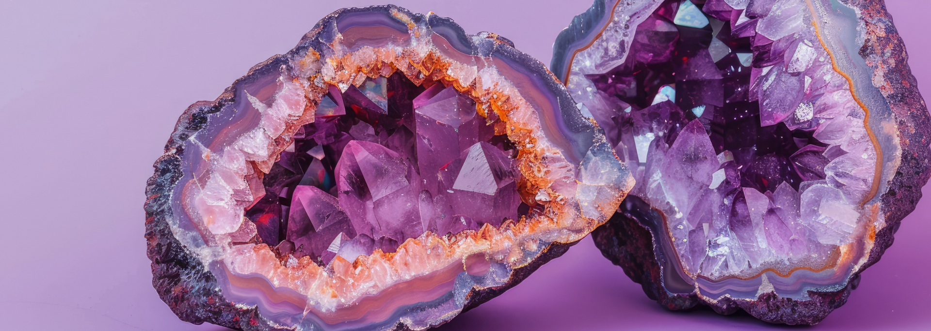 Two open geodes filled with purple crystals. Set on a lavender background.