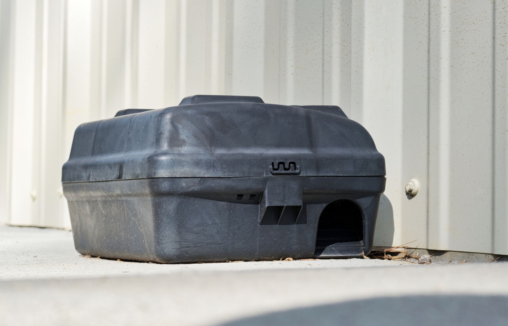 Black rodent bait station on concrete next to a white building.
