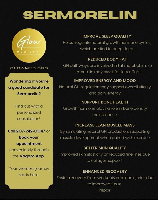 Informational graphic promoting Sermorelin. Features Glow Med Spa logo, benefits, and contact info in gold and black.