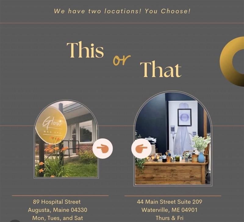 An advertisement showing two locations for a business. The locations are at 89 Hospital Street in Augusta, ME and 44 Main Street in Waterville, ME.