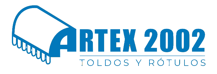 Logotipo de ARTEX 2002 en azul, con un toldo estilizado y el texto “TOLDOS Y RÓTULOS”.